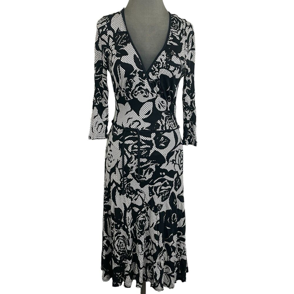 Escada Dress Size 36 Rayon White Black Polka Dot 3/4 Sleeve V-Neck Waist Tie